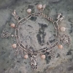 Silver Holiday Charm Bracelet with Freshwater Pearls